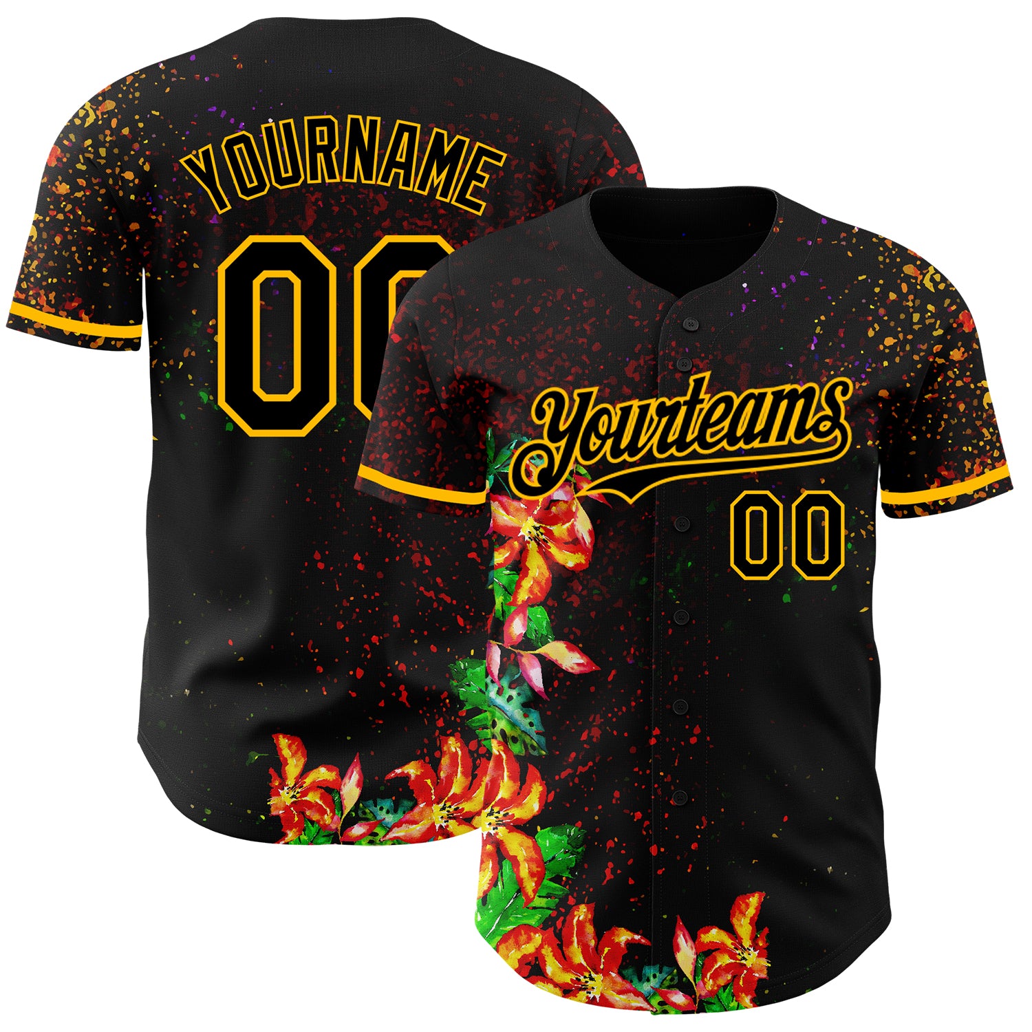 Personalized 3D Holi Festival Color Powder Baseball Jersey in Black and Gold Personalized Black Gold 3D Holi Festival Color
