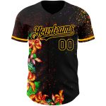 Personalized 3D Holi Festival Color Powder Baseball Jersey in Black and Gold Personalized Black Gold 3D Holi Festival Color