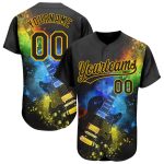 Custom Black Gold 3D Guitar Psychedelic Colors Baseball Jersey for Music Festivals Personalized Black Gold 3D Music Festival