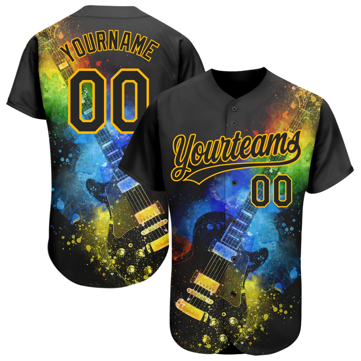 Custom Black Gold 3D Guitar Psychedelic Colors Baseball Jersey for Music Festivals Personalized Black Gold 3D Music Festival