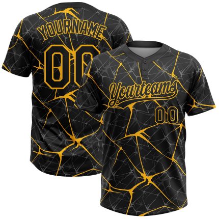 Custom Name and Number Unisex Softball Jersey - Personalized Black Gold 3D Pattern Abstract Network Design Personalized Black