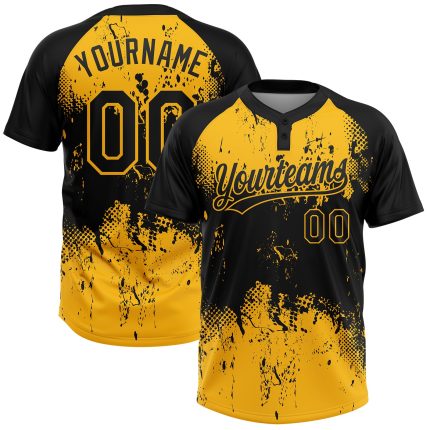 Custom Abstract Splatter Grunge Art Softball Jersey Unisex Two-Button Personalized Black Gold with Name and Number Personalized
