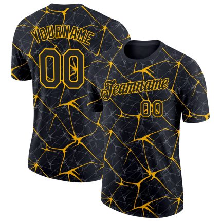 Custom Name and Number Personalized 3D Abstract Network Black Gold Performance T-Shirt Personalized Black Gold 3D Pattern