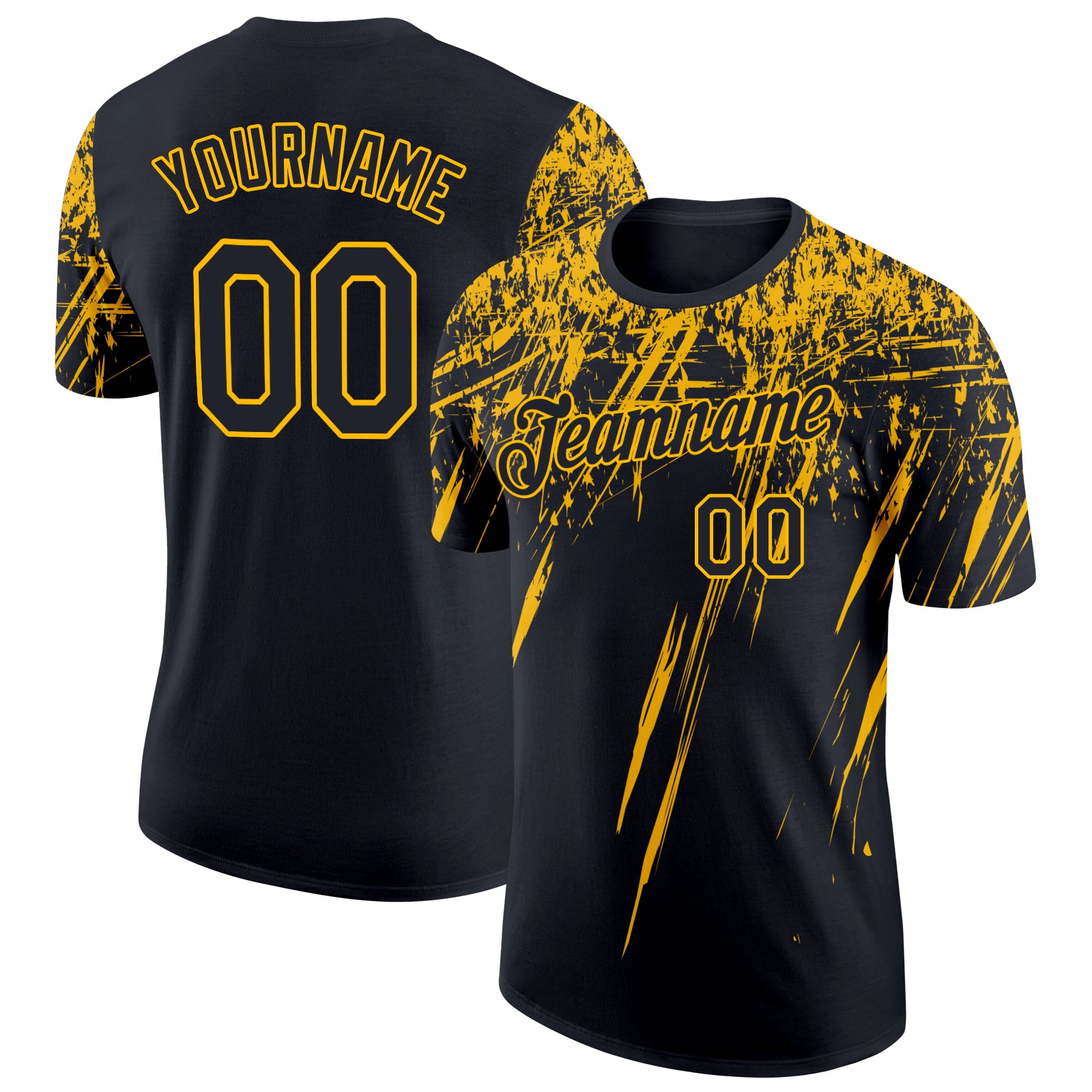 Custom Name and Number Performance T-Shirt - Personalized Black Gold 3D Pattern Design with Sharp Shape Personalized Black