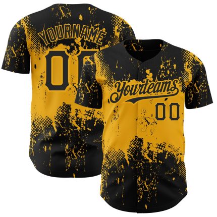 Custom Name & Number Baseball Jersey - Personalized 3D Black Gold Abstract Splatter Grunge Art Design Personalized Black