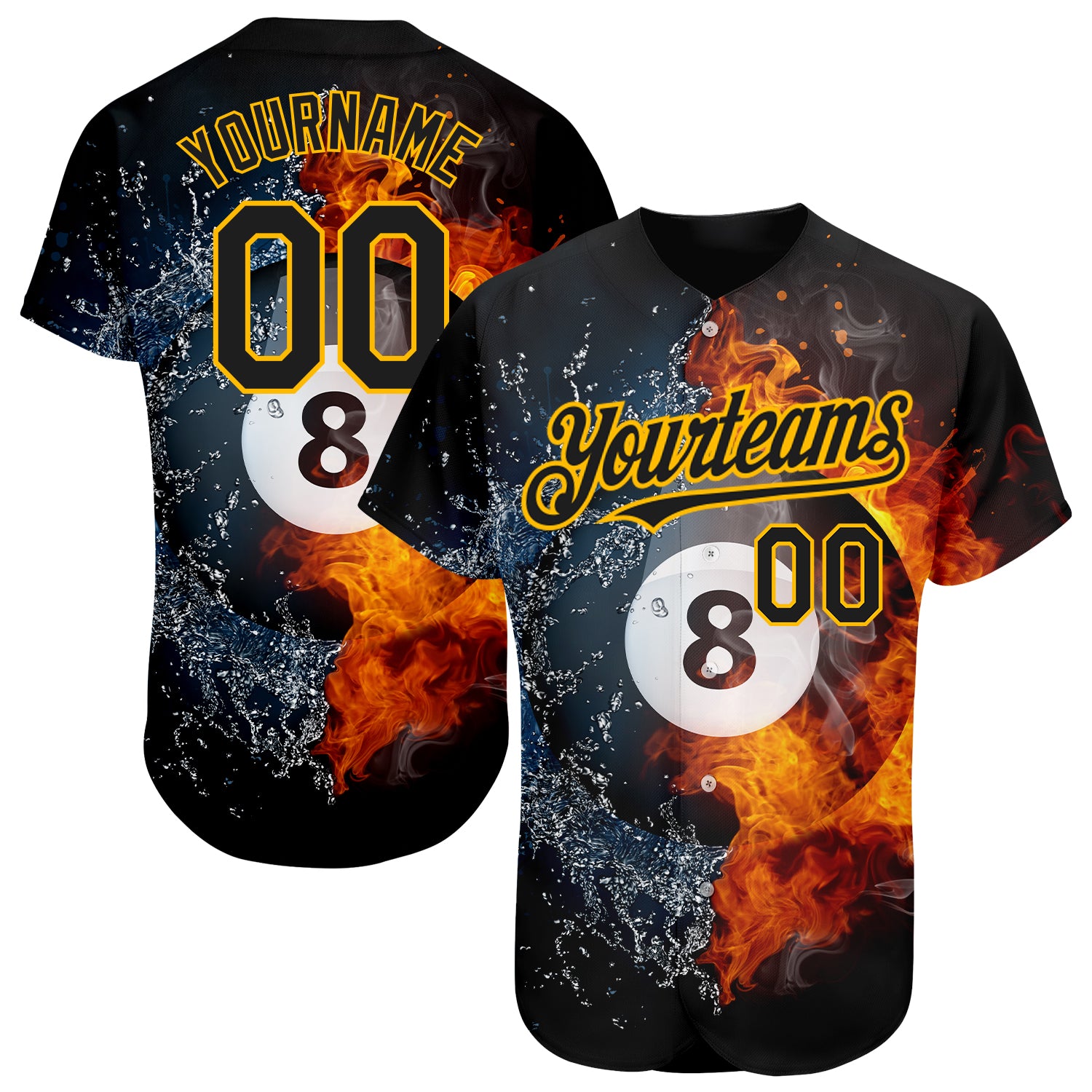 Custom Name and Number Personalized Black Gold 3D Billiards Snooker 8 Ball Baseball Jersey - Authentic Team Apparel Personalized