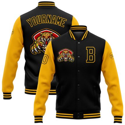 Custom Black Gold 3D Pattern Varsity Bomber Jacket Full-Snap Design Personalized Black Gold 3D Pattern Design Bomber Full-Snap