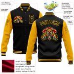 Custom Black Gold 3D Pattern Varsity Bomber Jacket Full-Snap Design Personalized Black Gold 3D Pattern Design Bomber Full-Snap