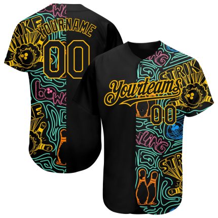 Personalized Black Gold 3D Design Bowling Jersey | Authentic Baseball Jersey Personalized Black Gold 3D Pattern Design Bowling