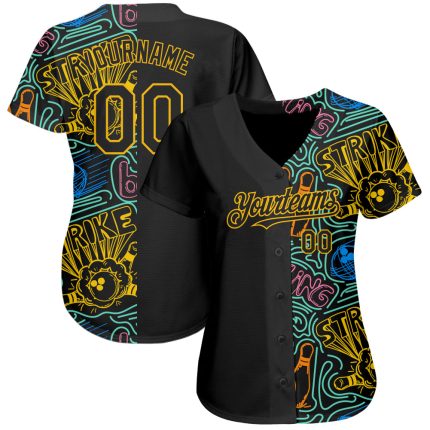 Personalized Black Gold 3D Design Bowling Jersey | Authentic Baseball Jersey Personalized Black Gold 3D Pattern Design Bowling