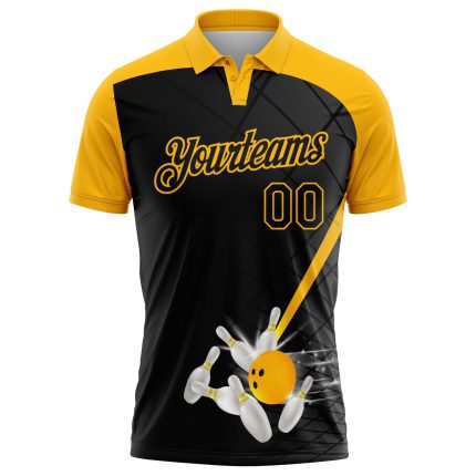 Custom Name and Number Bowling Polo Shirt - Personalized Black Gold 3D Pattern Design Performance Apparel Personalized Black
