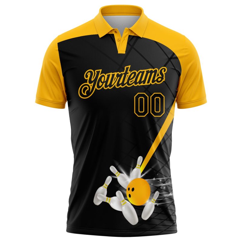 Custom Name and Number Bowling Polo Shirt - Personalized Black Gold 3D Pattern Design Performance Apparel Personalized Black