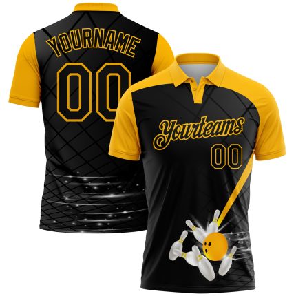 Custom Name and Number Bowling Polo Shirt - Personalized Black Gold 3D Pattern Design Performance Apparel Personalized Black