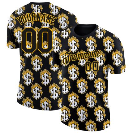 Custom Dollar Sign Money Theme T-Shirt - Personalized Black Gold 3D Pattern Design with Team Name and Number Personalized