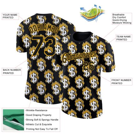 Custom Dollar Sign Money Theme T-Shirt - Personalized Black Gold 3D Pattern Design with Team Name and Number Personalized