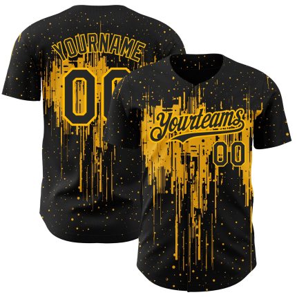 Custom Black Gold Dripping Splatter Art Baseball Jersey with Personalized Name and Number - Unique 3D Pattern Design Personalized