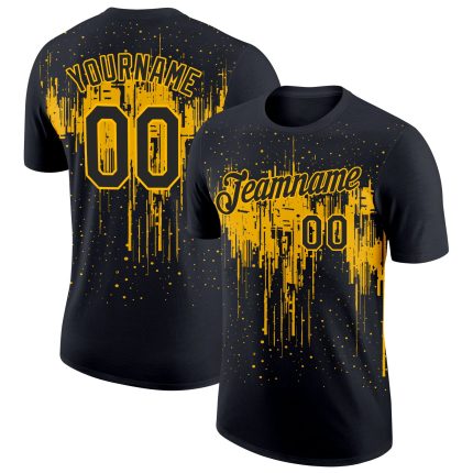 Custom Name and Number Black Gold Dripping Splatter Art Performance T-Shirt with 3D Pattern Design Personalized Black Gold