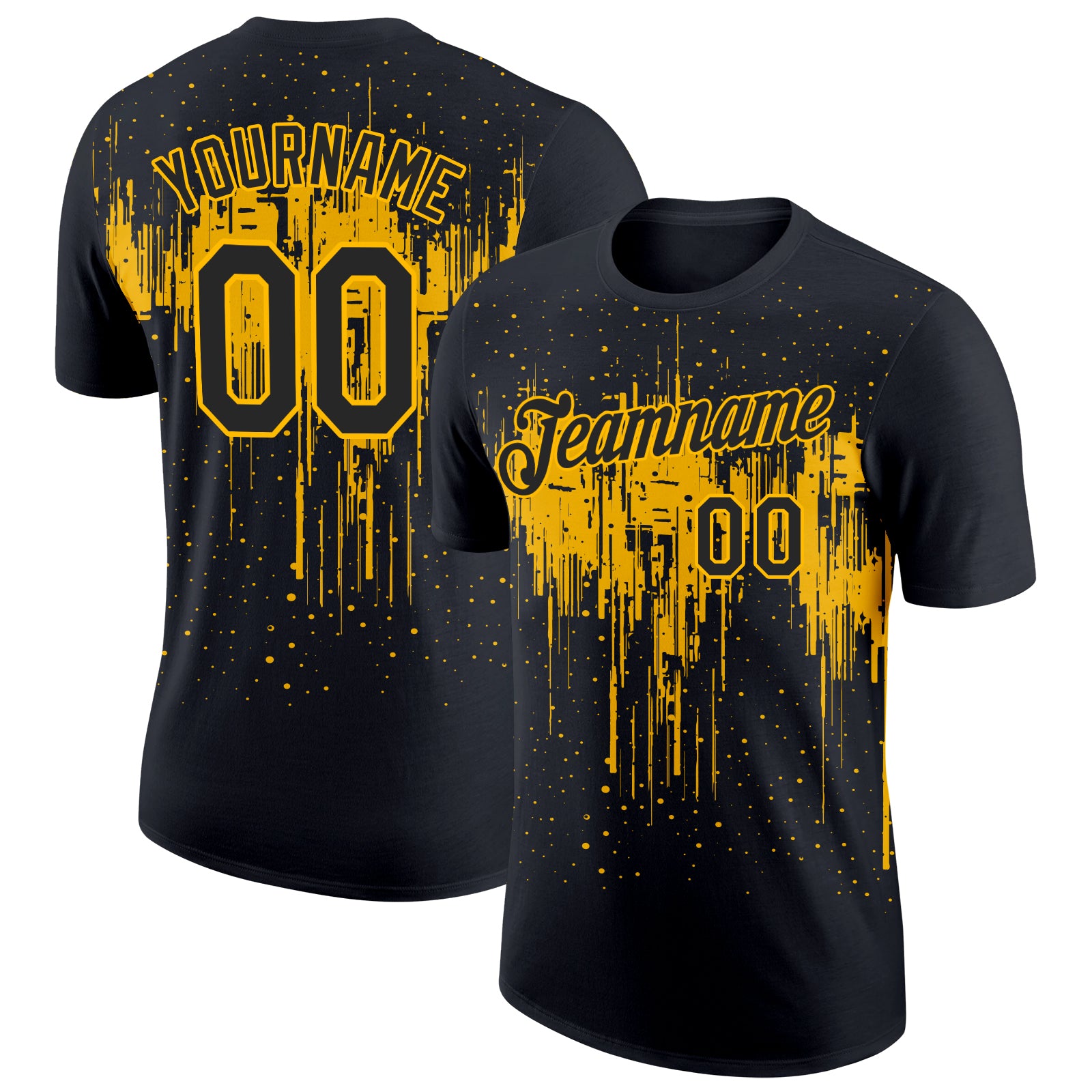 Custom Name and Number Black Gold Dripping Splatter Art Performance T-Shirt with 3D Pattern Design Personalized Black Gold