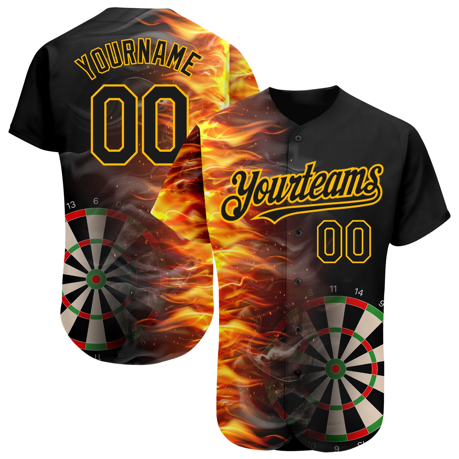 Custom Name Number Black Gold 3D Pattern Fiery Dart Board Authentic Baseball Jersey Personalized Black Gold 3D Pattern Design
