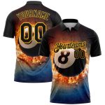 Custom Name Number Billiards 8 Ball Polo Shirt, Personalized Black Gold 3D Flame Pattern, Team Performance Wear Personalized