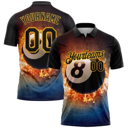 Custom Name Number Billiards 8 Ball Polo Shirt, Personalized Black Gold 3D Flame Pattern, Team Performance Wear Personalized