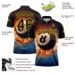Custom Name Number Billiards 8 Ball Polo Shirt, Personalized Black Gold 3D Flame Pattern, Team Performance Wear Personalized