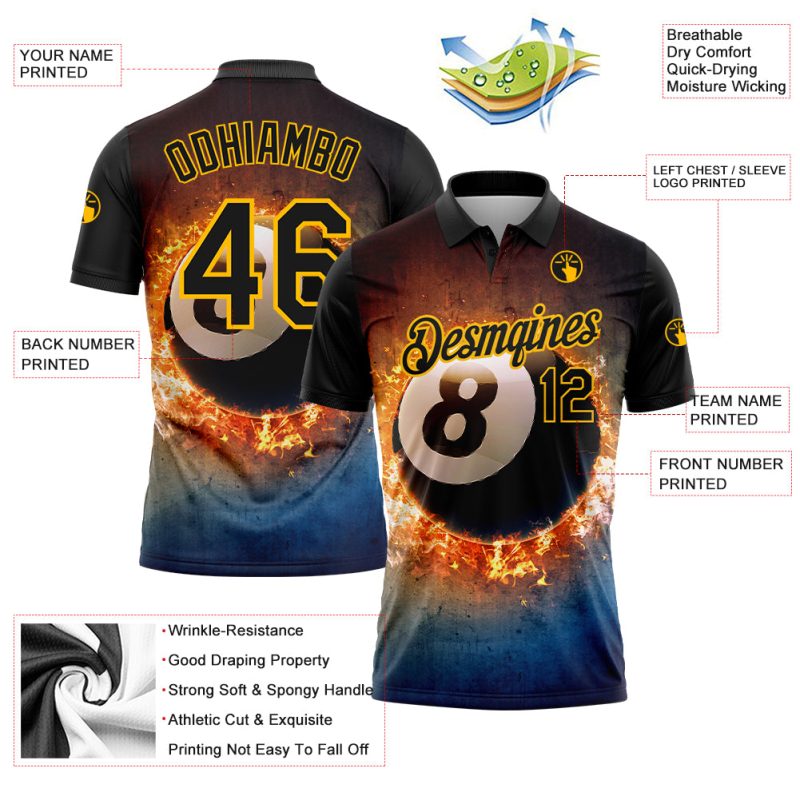 Custom Name Number Billiards 8 Ball Polo Shirt, Personalized Black Gold 3D Flame Pattern, Team Performance Wear Personalized