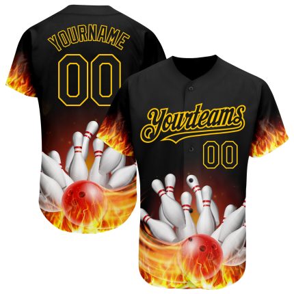 Custom Name and Number Black Gold 3D Flame Baseball Jersey - Personalized Authentic Team Apparel Personalized Black Gold