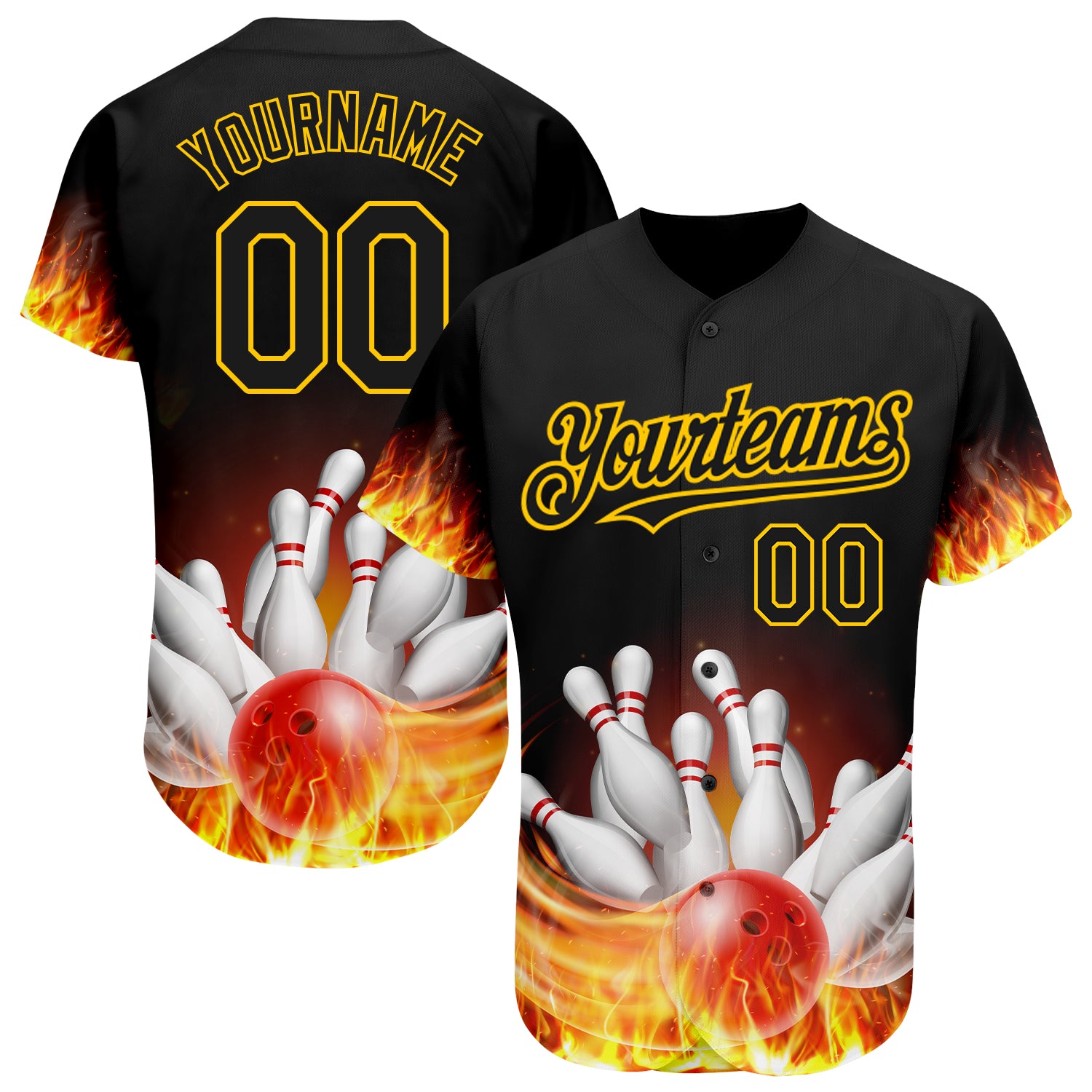 Custom Name and Number Black Gold 3D Flame Baseball Jersey - Personalized Authentic Team Apparel Personalized Black Gold