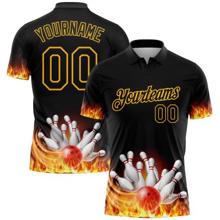 Personalized Flame Bowling Performance Polo Shirt with Black Gold 3D Pattern, Custom Name & Number Personalized Black Gold