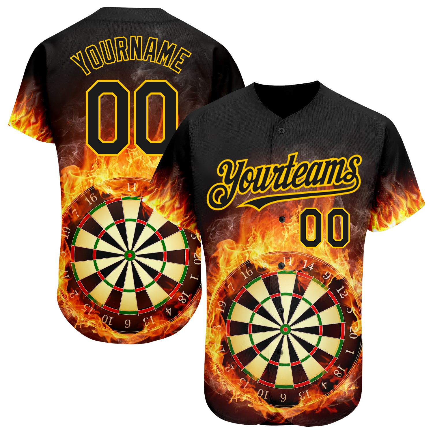 Personalized 3D Pattern Gold Black Flame Design Baseball Jersey Authentic Dart Board Personalized Black Gold 3D Pattern Design
