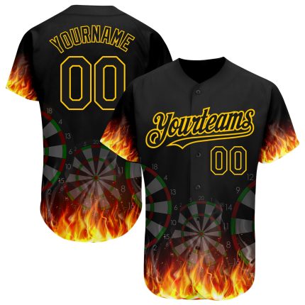 Personalized Black Gold 3D Flame Dart Board Baseball Jersey Custom Name & Number Personalized Black Gold 3D Pattern Design