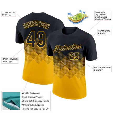 Custom Personalized Gradient Black Gold 3D Pattern T-Shirt with Team Name and Number - Performance Square Shapes Design Personalized