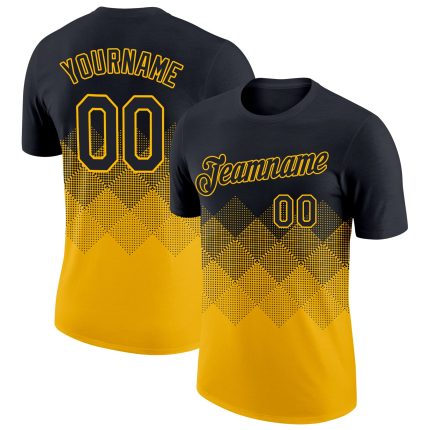 Custom Personalized Gradient Black Gold 3D Pattern T-Shirt with Team Name and Number - Performance Square Shapes Design Personalized