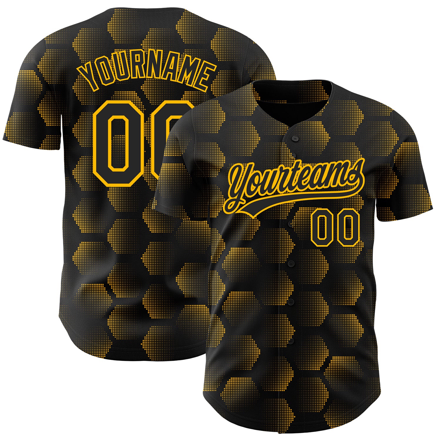 Custom Name and Number Personalized Baseball Jersey - Black Gold 3D Halftone Geometric Pattern Design Personalized Black