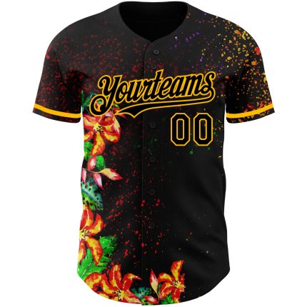 Custom Name Number Authentic Baseball Jersey Holi Festival Color Powder Personalized 3D Black Gold Design Personalized Black