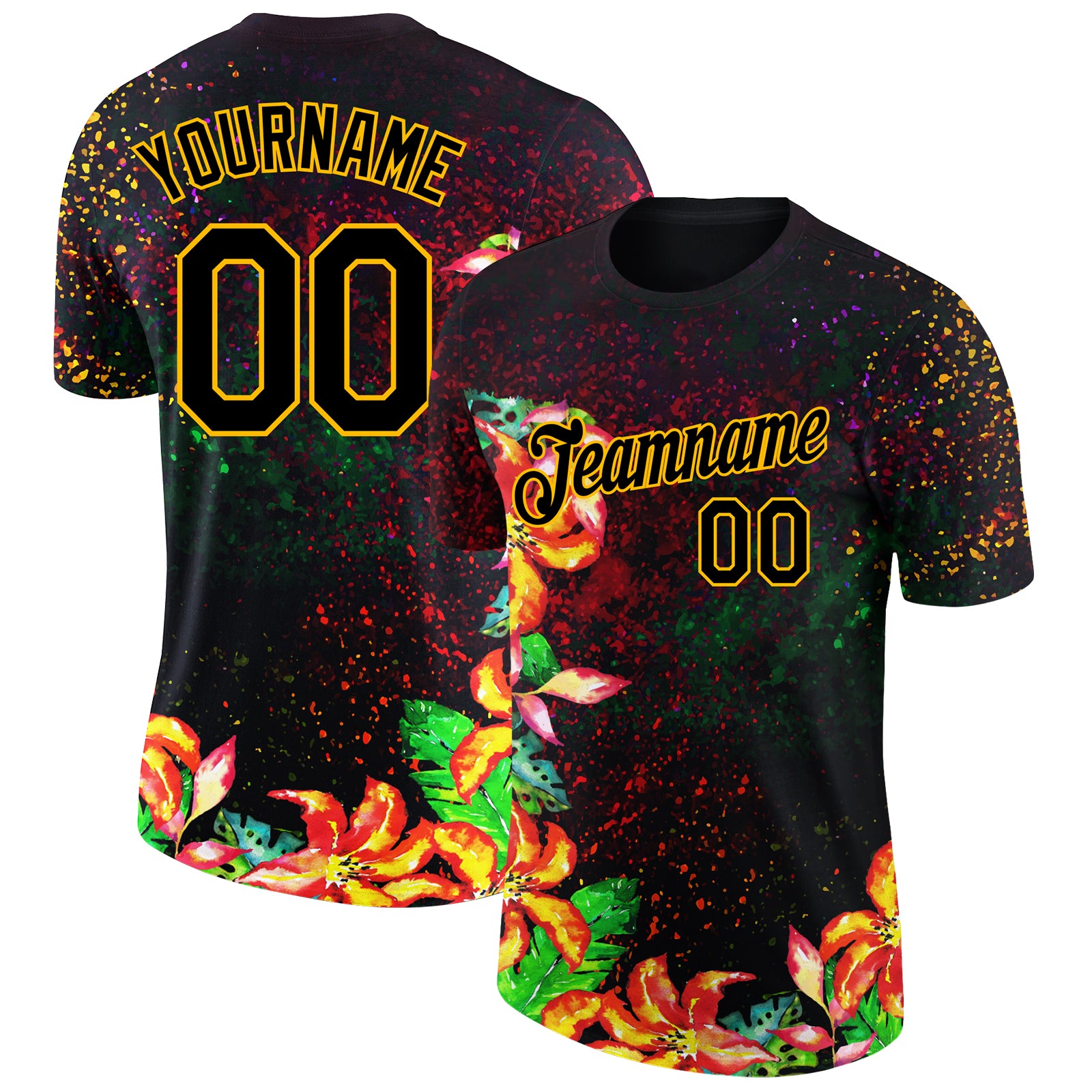 Personalized Holi Festival Color Powder T-Shirt with Custom Name and Number - Black Gold 3D Pattern Design Personalized Black