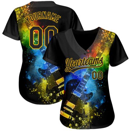Personalized Psychedelic Colors Black Gold 3D Music Festival Guitar Authentic Baseball Jersey Custom Name & Number Personalized