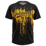 Custom Name and Number Black Gold Dripping Splatter Art Unisex Two-Button Softball Jersey - Personalized Team Apparel Personalized
