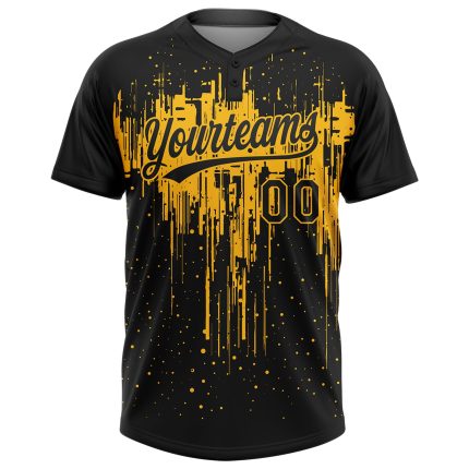 Custom Name and Number Black Gold Dripping Splatter Art Unisex Two-Button Softball Jersey - Personalized Team Apparel Personalized
