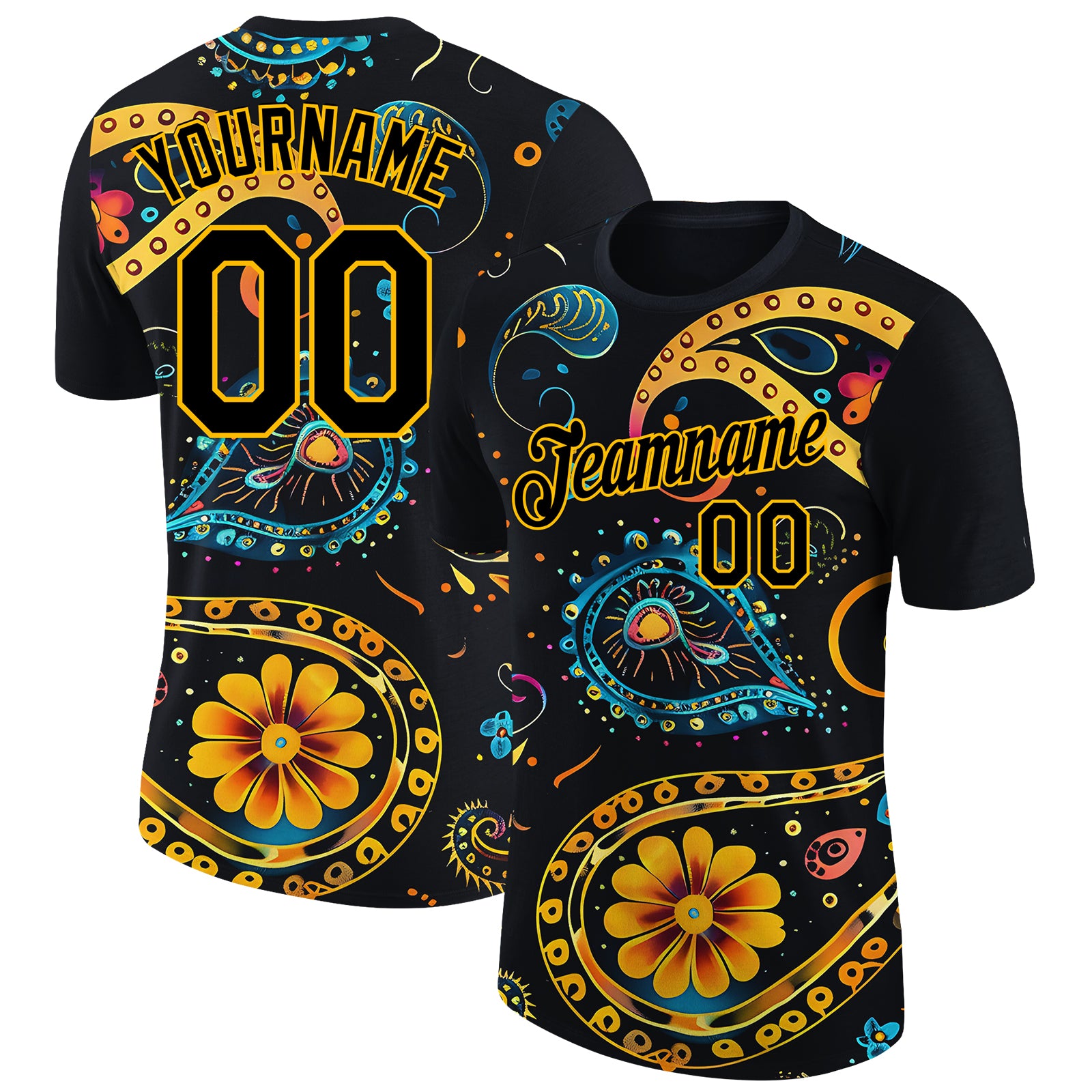 Custom Name and Number Floral Design Performance T-Shirt in Black Gold 3D Pattern, Personalized Team Apparel Personalized