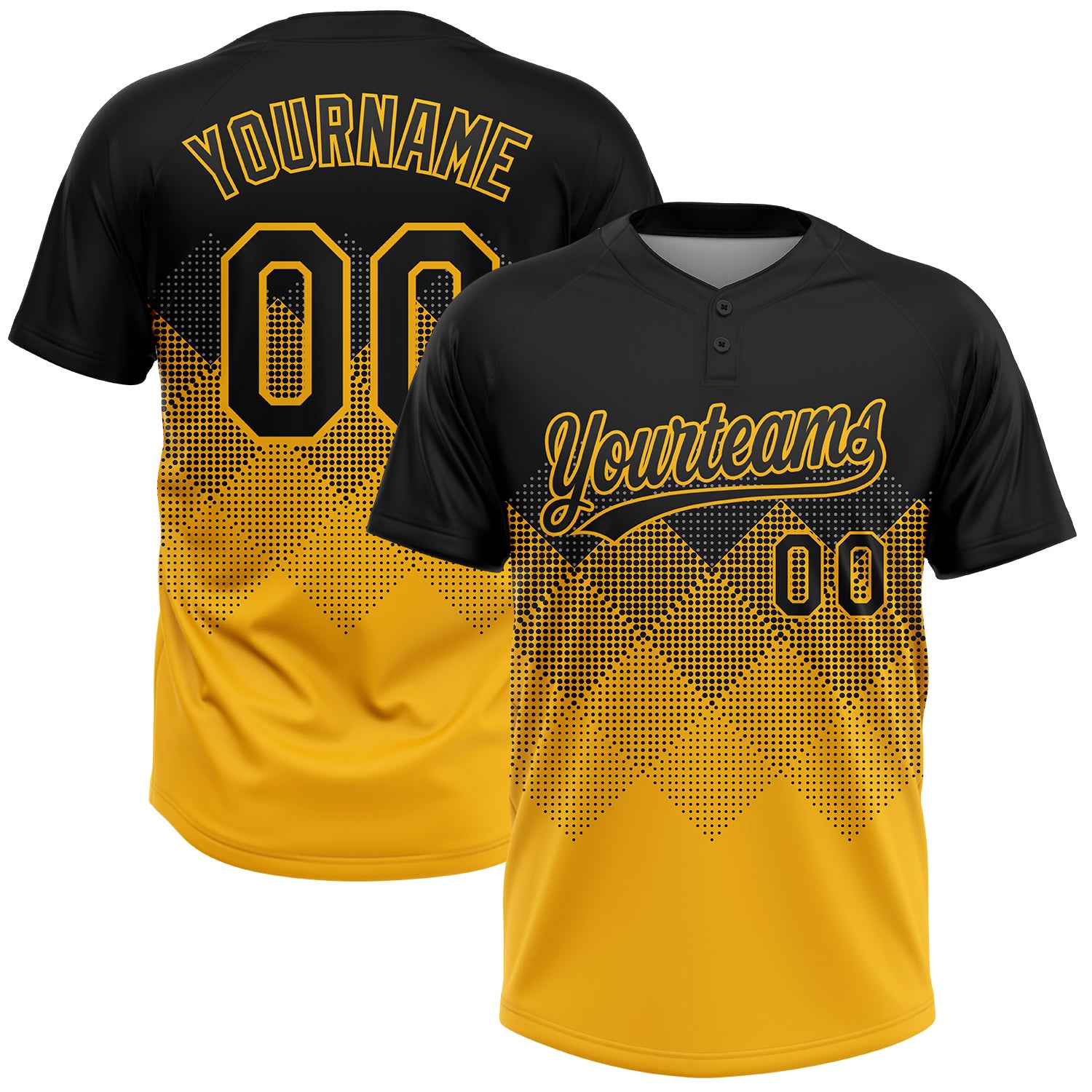 Custom Name and Number Unisex Softball Jersey with Personalized Black Gold 3D Pattern Gradient Square Shapes - Two-Button Design