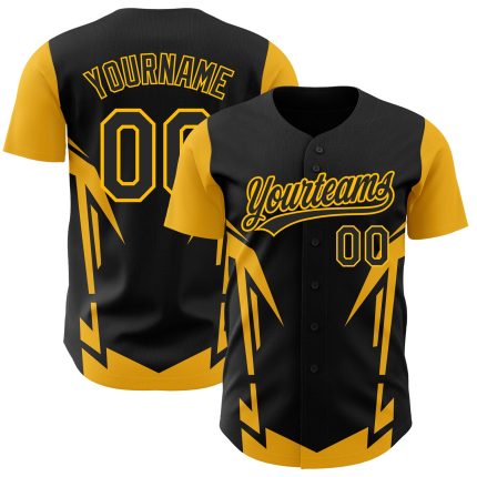 Personalized Black Gold 3D Baseball Jersey with Sharp Edges for Custom Style Personalized Black Gold 3D Side Sharp Edges