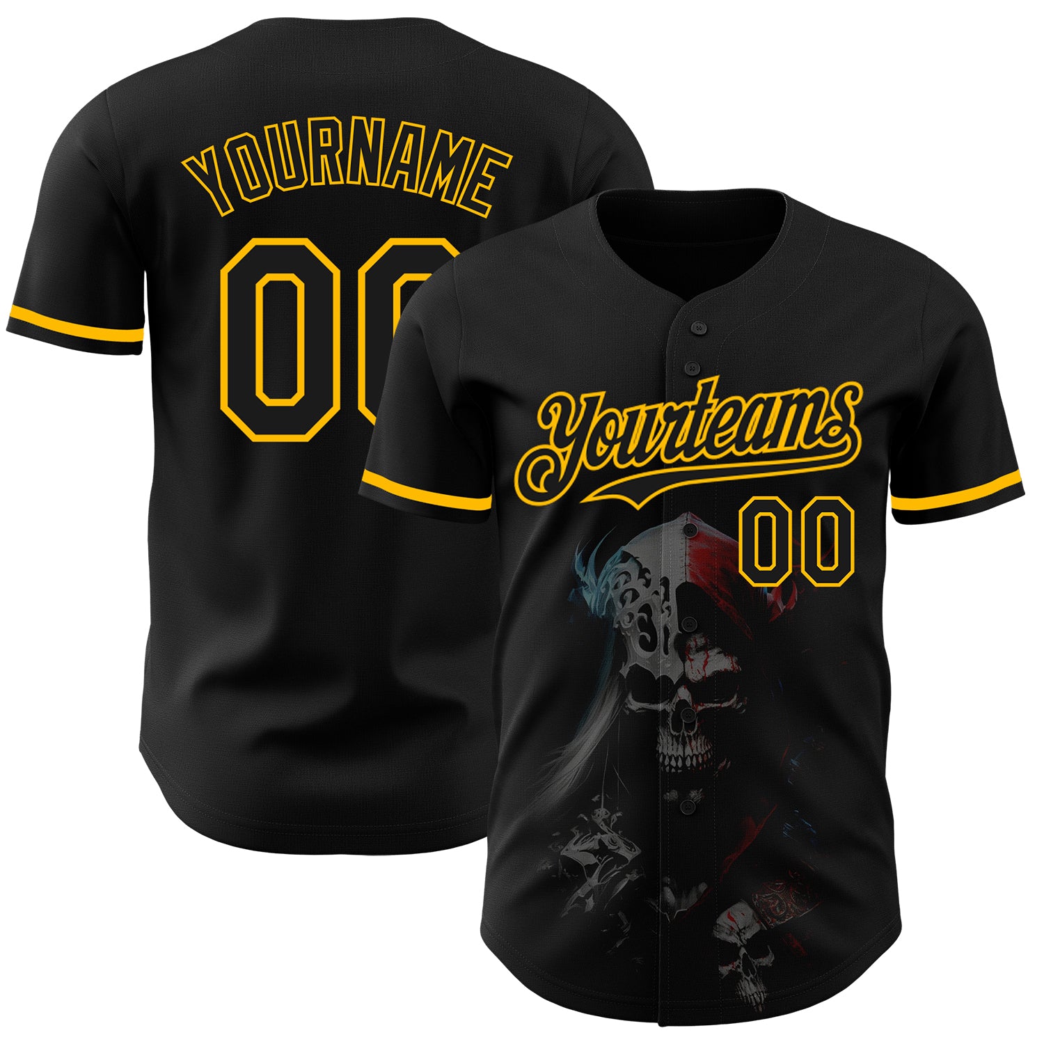 Custom Name and Number Personalized Black Gold 3D Skull Baseball Jersey - Fashion Team Apparel Personalized Black Gold 3D