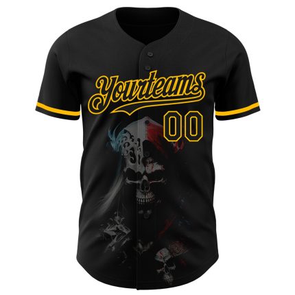 Personalized Black Gold 3D Skull Jersey for Men, Trendy Baseball Style Apparel Personalized Black Gold 3D Skull Fashion Baseball
