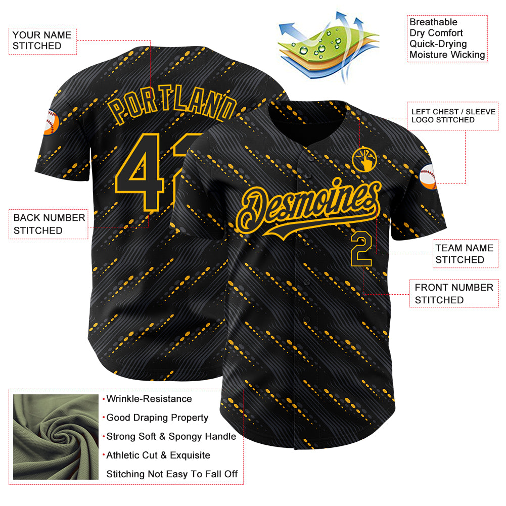 Personalized Black Gold 3D Slant Lines Baseball Jersey Personalized Black and Gold 3D Baseball Jersey with Slant Lines Design Personalized Black Gold 3D Slant Lines Baseball Jersey - Image 3