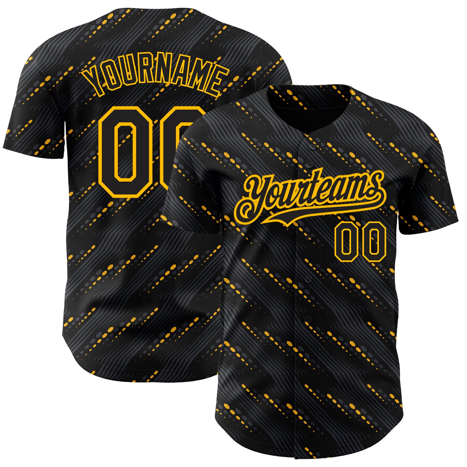 Personalized Black and Gold 3D Baseball Jersey with Slant Lines Design Personalized Black Gold 3D Slant Lines Baseball Jersey
