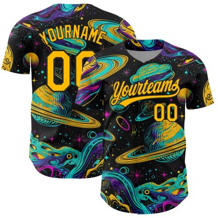 Personalized 3D Space Planets Stars Black Gold Baseball Jersey Personalized Black Gold 3D Space Planets And Stars Baseball