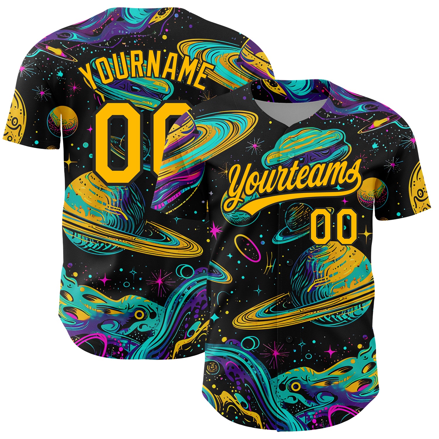Personalized 3D Space Planets Stars Black Gold Baseball Jersey Personalized Black Gold 3D Space Planets And Stars Baseball