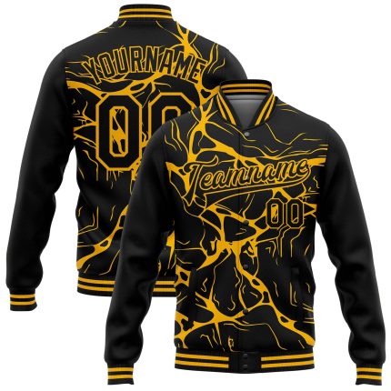 Custom Black Gold 3D Abstract Network Bomber Varsity Letterman Jacket Personalized Black Gold Abstract Network 3D Bomber